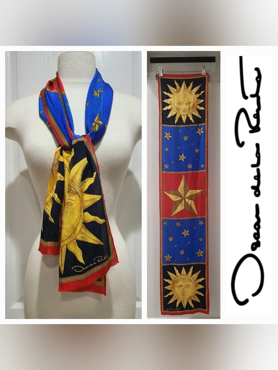 Oscar de la Renta Accessories - Oscar de la Renta Vintage Oblong Scarf Blue/Red/Yellow Celestial Print